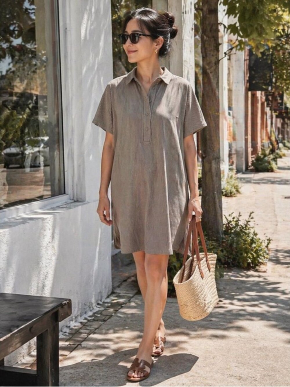 Fransa Striped Shirt Dress Beige Taupe Size S Minimalist Casual Chic Summer